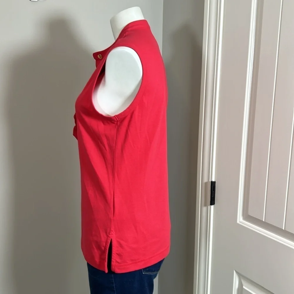 Tory Burch Lidia Ruffled Polo Shirt Red With Gold Logo Buttons Top Sz M